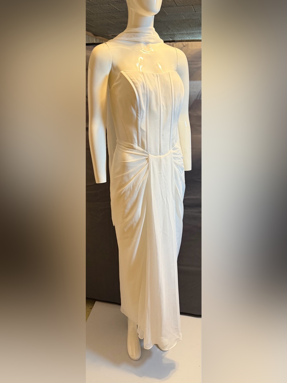 Elegant White Strapless Draped Evening Dress
